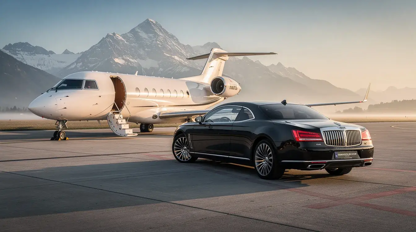 Jet privado y automóvil premium en plataforma aeroportuaria